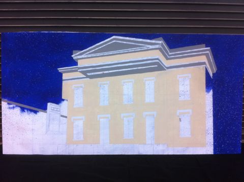 Process shot of Chapline First Presbyterian for a scenic painting poastcard image exercise. The sky background is painted with a 2 color scumble. The building was cartooned in pencil and then layered in.