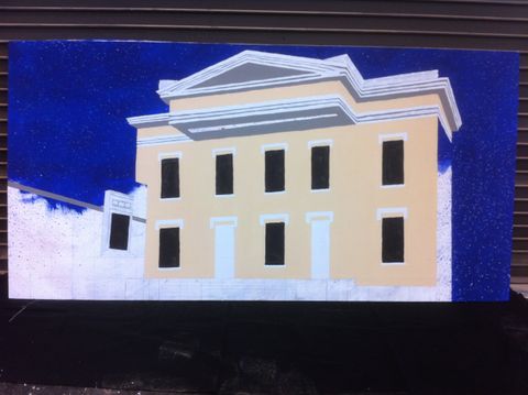 Process shot of Chapline First Presbyterian for a scenic painting poastcard image exercise. Next the windows were painted in.