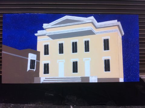 Process shot of Chapline First Presbyterian for a scenic painting poastcard image exercise. Next, the side building is nased out.