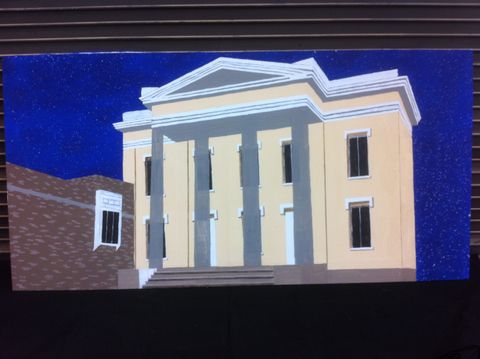Process shot of Chapline First Presbyterian for a scenic painting poastcard image exercise. Bricks are added to the side building and columns are based out.