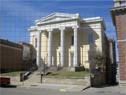 Inspiration image of Chapline First Presbyterian with a grid overlay for a scenic painting poastcard image exercise.