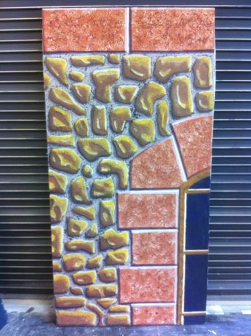 Scenic painting sample of faux filedstone and brownstone.