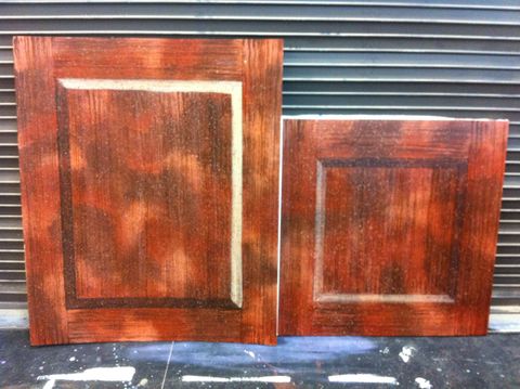Scenic painting sample of faux wood with Tromp Loi recessed and raised paneling side-by-side.