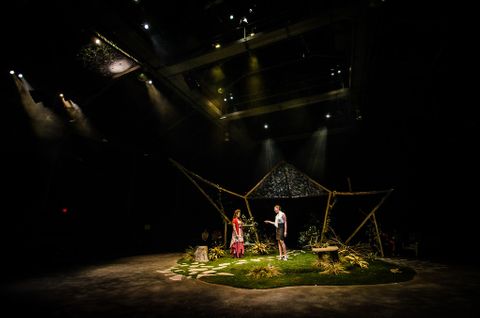 People standing in a delapidated avairy for LSU production of Five Flights.