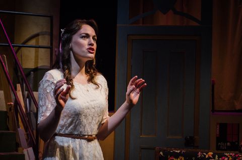 A close up of an actress. She is wearing a white dress. She is sulpted by warm light on one side and a cool fill light from the opposite side.