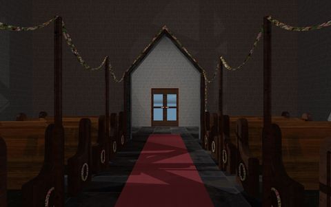 3D rendered environment of the inside of a cathedral. We are looking up the aisle toward the narthex. There are dark grey stone walls and floors, wooden pews, and flowers line the aisles.