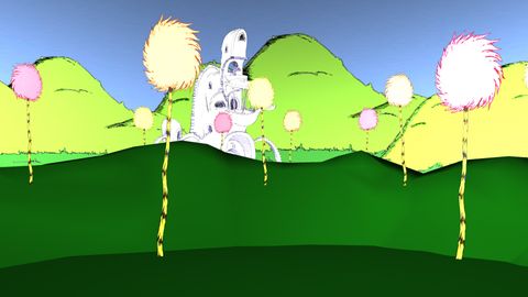 3D rendered environment of a Dr. Seuss exterior. There are green hills with trees that look like pastel cotton balls and a sessuan building in the distance.