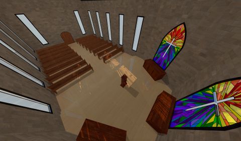 3D rendered environment of a church. We are looking out at the congregation from an elevated plane. There are stone walls, wooden pews, and stained glass windows behind the altar.