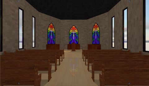 3D rendered environment of a church. We are standing at the back of the congregation looking down the aisle. There are stone walls, wooden pews, and stained glass windows behind the altar.