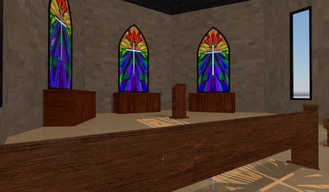 3D rendered environment of a church. We are sitting in a pew in one of the front rowns looking up at the altar. There are stone walls, wooden pews, and stained glass windows behind the altar.